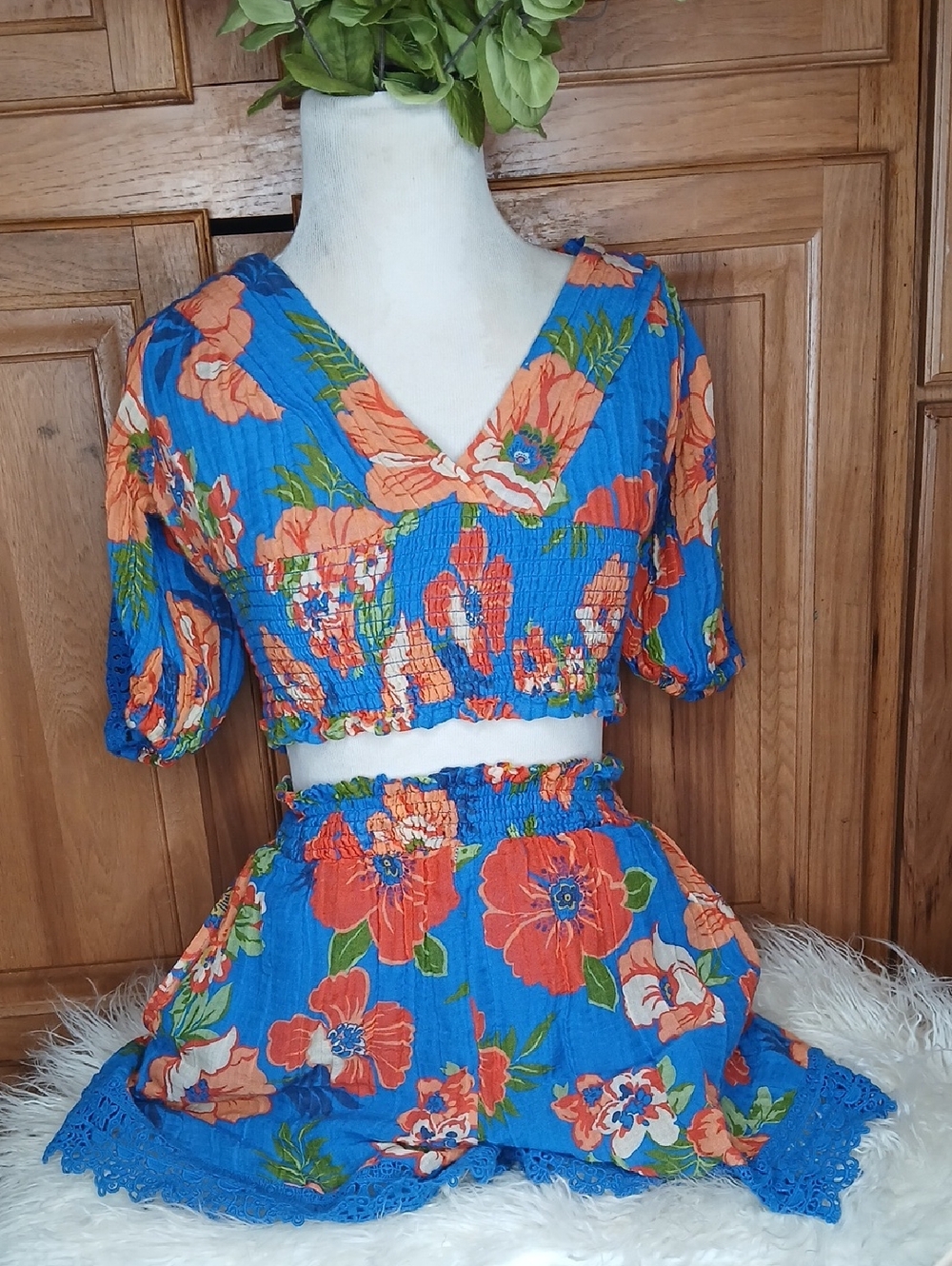 Guess Blue & Orange Floral Crop Top and Short Set